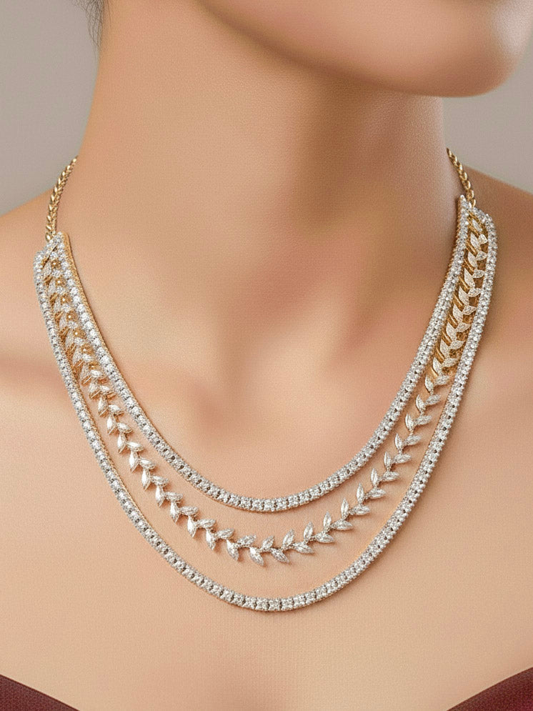 "Close-up of a woman wearing a stunning affordable artificial diamond necklace and matching earrings set, perfect for wedding guests and formal events. This luxury artificial diamond jewelry provides the brilliance of real diamonds at a fraction of the cost."
