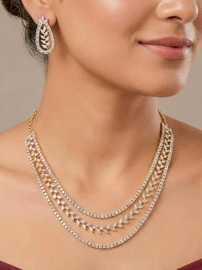 "A woman showcasing a beautiful artificial diamond necklace and earrings set, ideal for festivals, family gatherings, and special celebrations in India. This elegant diamond jewelry provides the perfect blend of sparkle and tradition, with a modern twist."
