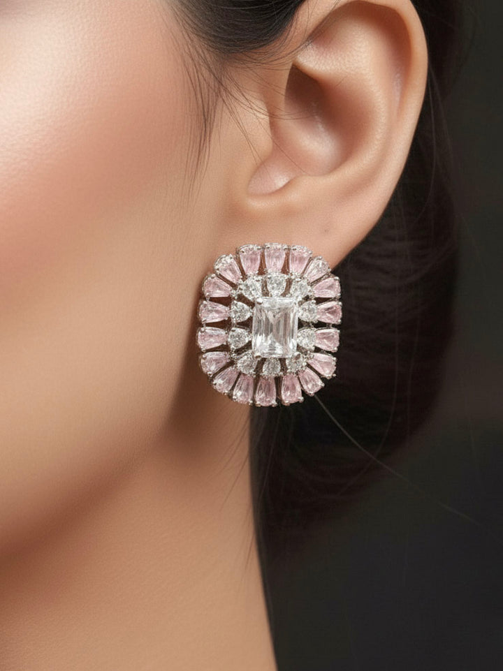 "Close-up of a woman wearing a sparkling artificial diamond necklace with mint pink colored stone and diamond earrings set, designed to offer a radiant, elegant look for any formal occasion or Indian wedding. This affordable diamond jewelry provides a flawless, luxurious alternative to natural diamonds."

