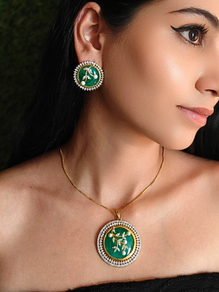 Close-up of a woman wearing an ornate Indo-Western Mint Green Pendant Set with American Diamond, Pearls and Colored Stones. Bride-to-be styled in a premium American diamond artificial Colored Stone Pendant Set for her reception party. Close-up shot of a high-quality Colored Stones artificial Pendant worn for festive celebrations.