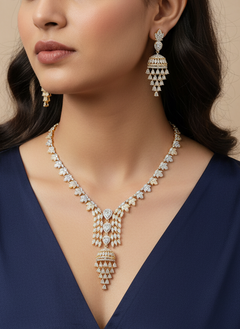 Woman wearing the Lorvienne dual-tone American Diamond necklace set for a cocktail party