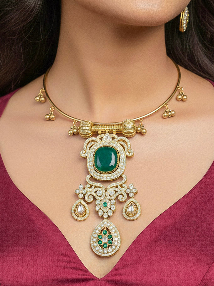 Close-up of an ornate Traditional Dark Green Diamond (Mehendi gold Polish) Hasli jewellery set and earrings with American Diamond and Dark Green Colored Stones. A luxury American diamond necklace set styled beautifully for a wedding guest look in India. Elegant festive look with a high-quality imitation American diamond necklace set.