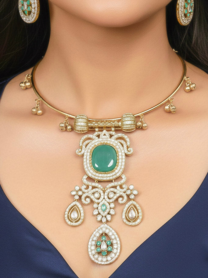 Close-up of a woman wearing an ornate Traditional Mint Green Diamond (Mehendi gold Polish) Hasli jewellery set and earrings with American Diamond and Mint Green Colored Stones. A woman wearing a luxury American diamond necklace set styled beautifully for a wedding guest look in India. Elegant festive look with a high-quality imitation American diamond necklace set.