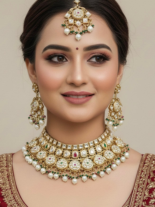 Close-up of a woman wearing an ornate traditional Rajwadi and Heritage gold Choker jewellery set and earrings and maangtikka with Pearls, Hydro Crystal and Moissanite Kundan. Bride wearing a premium Rajwadi necklace with a Lehenga for her reception. Royal bridal look completed with a statement heritage necklace set.