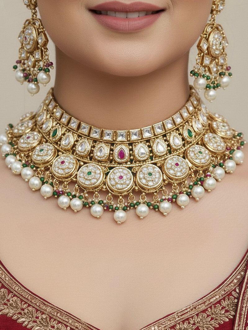 Close-up of a woman wearing an ornate traditional Rajwadi and Heritage gold Choker jewellery set and earrings and maangtikka with Pearls, Hydro Crystal and Moissanite Kundan. Bride wearing a premium Rajwadi necklace with a Lehenga for her reception. Royal bridal look completed with a statement heritage necklace set.