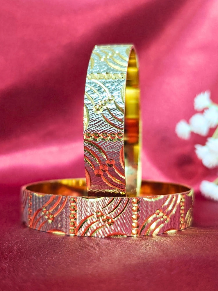 Close-up of an ornate traditional (Gold Polish) Gold & Silver Bangles Set. It’s comfortable and lightweight enough for everyday wear, and it also looks absolutely beautiful and elegant. The design is stylish, the finish is impressive, and it feels really pleasant to wear all day.