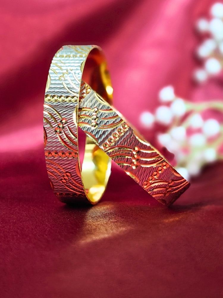 Close-up of an ornate traditional (Gold Polish) Gold & Silver Bangles Set. It’s comfortable and lightweight enough for everyday wear, and it also looks absolutely beautiful and elegant. The design is stylish, the finish is impressive, and it feels really pleasant to wear all day.