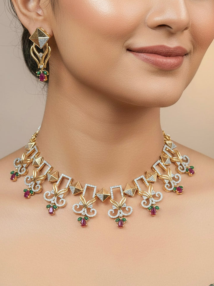 "A beautiful woman wearing an elegant artificial diamond necklace and matching earrings. This premium artificial diamond jewelry set is perfect for special occasions, from Indian weddings to engagement parties, anniversary gift offering sophisticated glamour without the high price tag."
