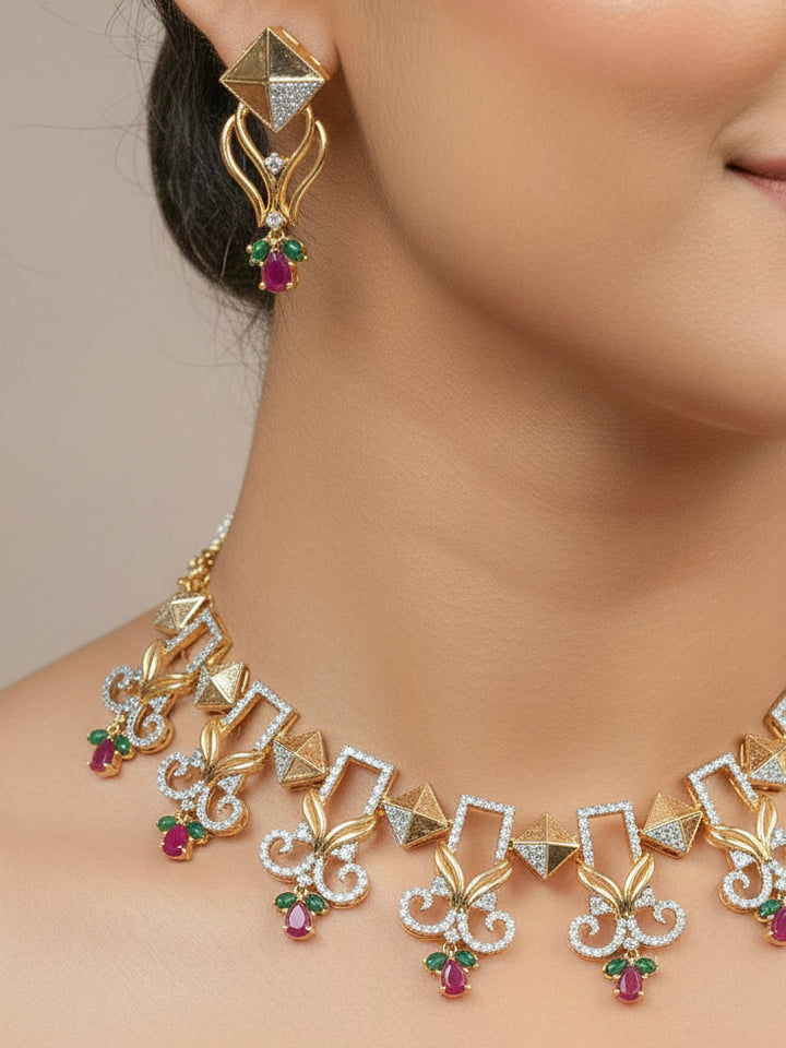 "A woman in a traditional saree, wearing a gorgeous artificial diamond necklace paired with diamond earrings. This artificial diamond jewelry set offers a traditional yet modern touch for Indian brides, designed to add elegance and sophistication to any occasion."
