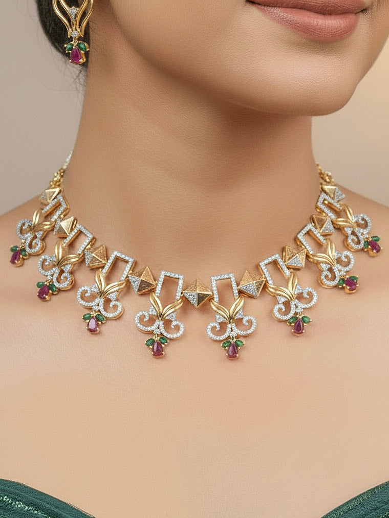"Close-up of a woman wearing a stunning affordable artificial diamond necklace and matching earrings set, perfect for wedding guests and formal events. This luxury artificial diamond jewelry provides the brilliance of real diamonds at a fraction of the cost."
