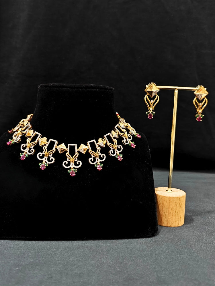An elegant artificial diamond necklace and matching earrings. This premium artificial diamond jewelry set is perfect for special occasions, from Indian weddings to engagement parties, anniversary gift offering sophisticated glamour without the high price tag.