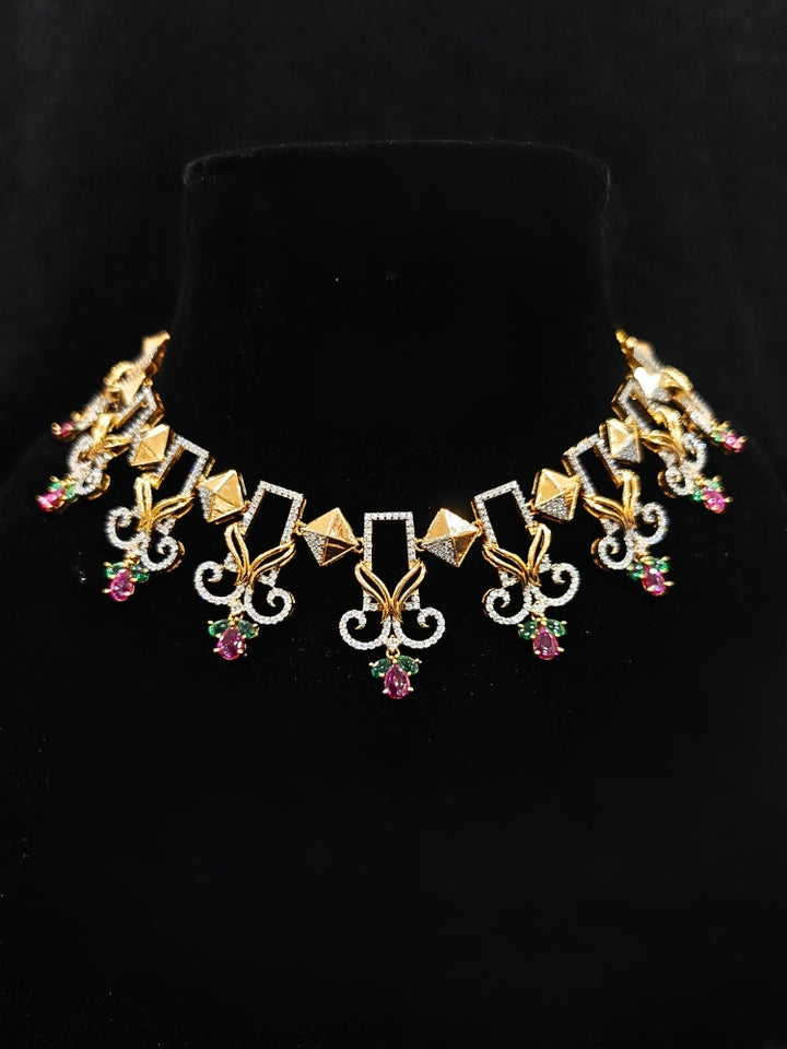 An elegant artificial diamond necklace and matching earrings. This premium artificial diamond jewelry set is perfect for special occasions, from Indian weddings to engagement parties, anniversary gift offering sophisticated glamour without the high price tag.