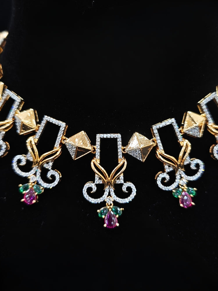 An elegant artificial diamond necklace and matching earrings. This premium artificial diamond jewelry set is perfect for special occasions, from Indian weddings to engagement parties, anniversary gift offering sophisticated glamour without the high price tag.