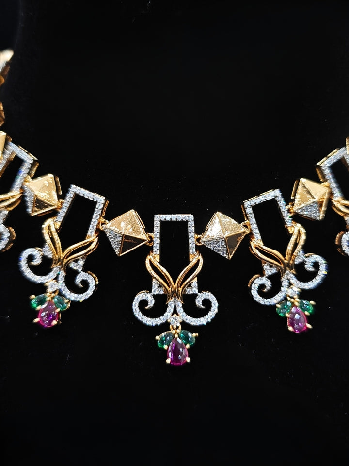 An elegant artificial diamond necklace and matching earrings. This premium artificial diamond jewelry set is perfect for special occasions, from Indian weddings to engagement parties, anniversary gift offering sophisticated glamour without the high price tag.