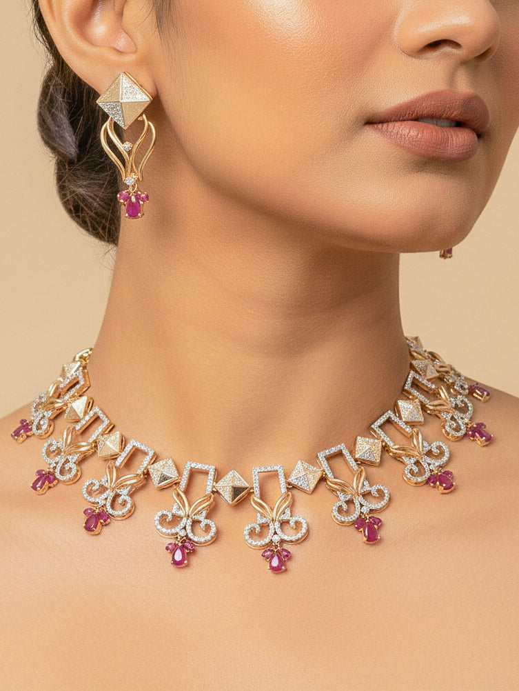 Close-up of a woman wearing an ornate Indo-western American Diamond Ruby Pink Gold Collar jewellery set and earrings with American Diamond and Ruby Pink Colored Stones. Party wear outfit completed with a lightweight American diamond necklace. 
