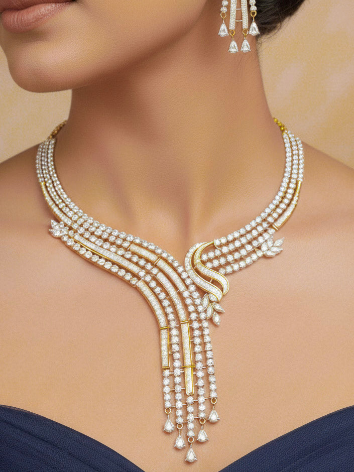 Close-up of a woman wearing an ornate Western gold Diamond Collar jewellery set and earrings with American Diamond. Woman styling a statement American diamond necklace with an off-shoulder gown for a reception. 