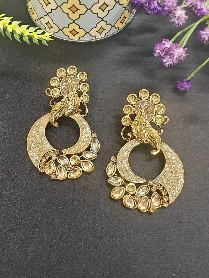 The Malika Brown Earrings feature ornate Meenakari work with gold accents, circular shapes, leaf motifs, and Brown stones. Displayed on black with purple and yellow flowers nearby.