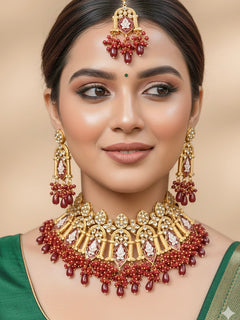 Close-up of a woman wearing an ornate traditional (Gold Polish) Maroon Choker jewellery set and earrings and maangtikka with Kundan, Meenakari, Crystal beads and Tumble beads. Close-up of intricate Kundan craftsmanship in artificial bridal jewelry. Bride wearing a traditional Kundan artificial necklace set for her wedding ceremony.