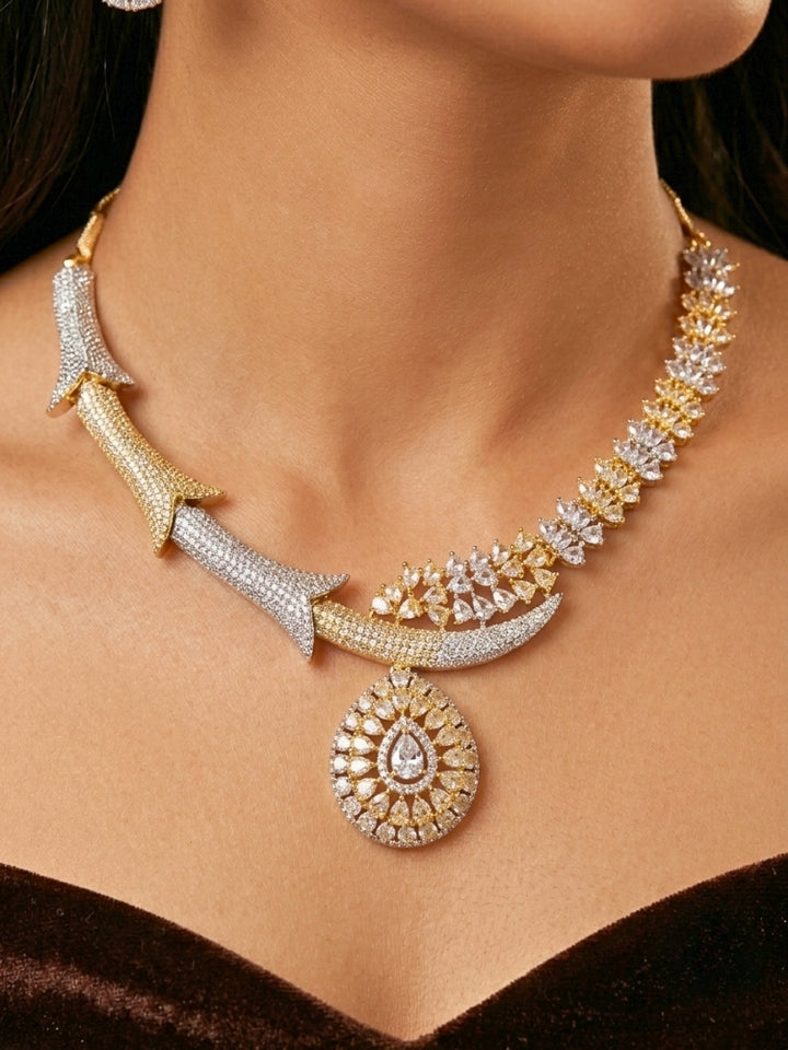 Close-up of a women wearing an ornate Western (Dual Tone) Gold & Silver Collar jewellery set and earrings with American Diamond. Party wear outfit completed with a lightweight American diamond necklace. Close-up of a cocktail party look featuring a premium American diamond necklace.