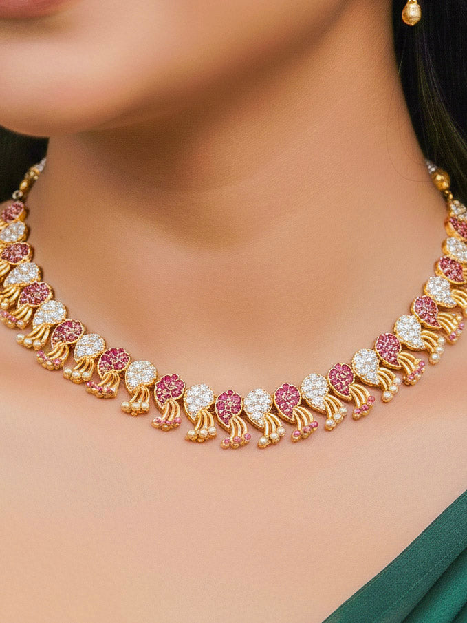 Close-up of a woman wearing an ornate Traditional Pink & White (Gold Polish)  Collar Necklace Set and earrings with American Diamonds and Colored Stones. Mehendi function outfit styled with a lightweight Diamond necklace. Wedding guest styling a statement American Diamond artificial necklace.