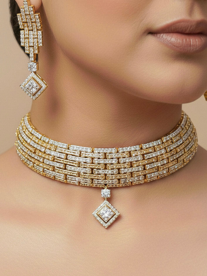 Close-up of a woman wearing an ornate Indo-Western American Diamond gold & Silver Choker jewellery set and earrings with American Diamond. Woman wearing anti-tarnish artificial American Diamond Necklace Set for long functions. Perfect American Diamond necklace set for weddings and festivals.