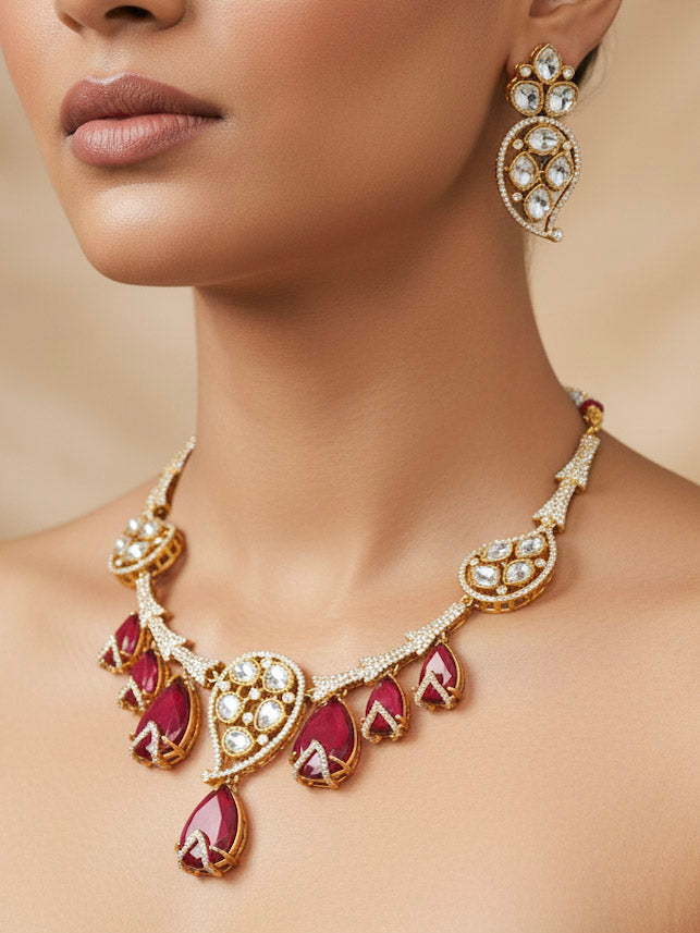 "A woman showcasing a beautiful artificial diamond and red colored stone necklace and earrings set, ideal for festivals, family gatherings, and special celebrations in India. This elegant diamond jewelry provides the perfect blend of sparkle and tradition, with a modern twist."
