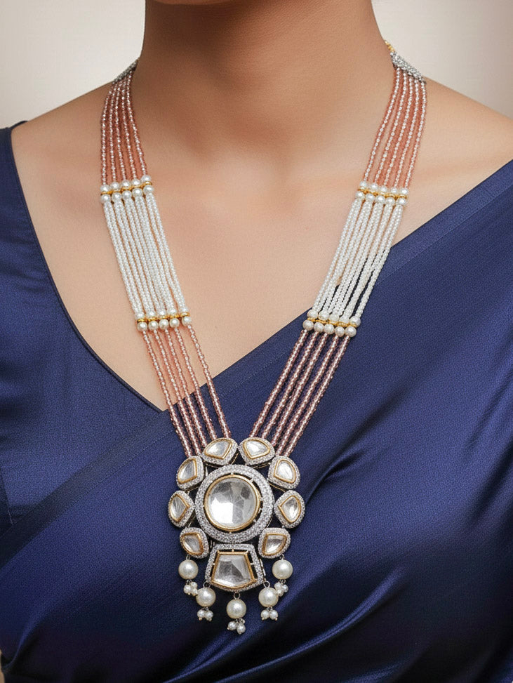 Close-up of a woman wearing an ornate traditional Mint Pink Long jewellery set and earrings with Kundan, American Diamond, pearls and Crystal Beads. Mehendi ceremony look completed with a handcrafted Kundan jewelry set. Wedding guest wearing a lightweight Kundan necklace for a Wedding function.
