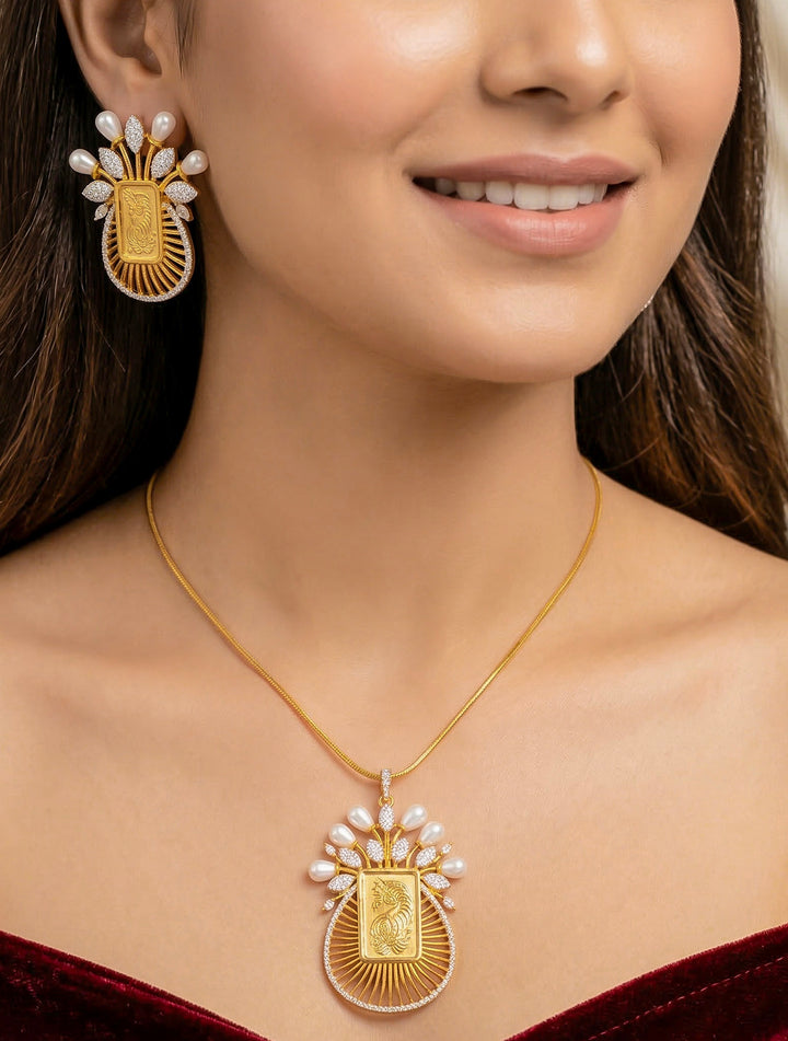 Close-up of a woman wearing an ornate traditional (Bright Gold Polish) Ginni jewellery set and earrings with American Diamond and Pearls. Party wear outfit completed with a lightweight American diamond Pendant Set. Close-up of a cocktail party look featuring a premium American diamond Pendant.