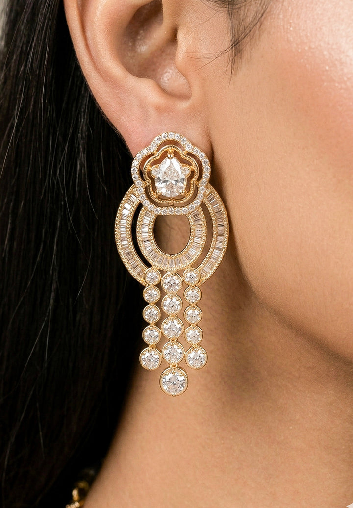Close-up of a woman wearing an ornate Indo-Western jewellery set and earrings with American Diamond . Elegant Party look with a high-quality imitation American diamond necklace set. A graceful woman wearing a trending American diamond necklace for a 2026 wedding celebration.