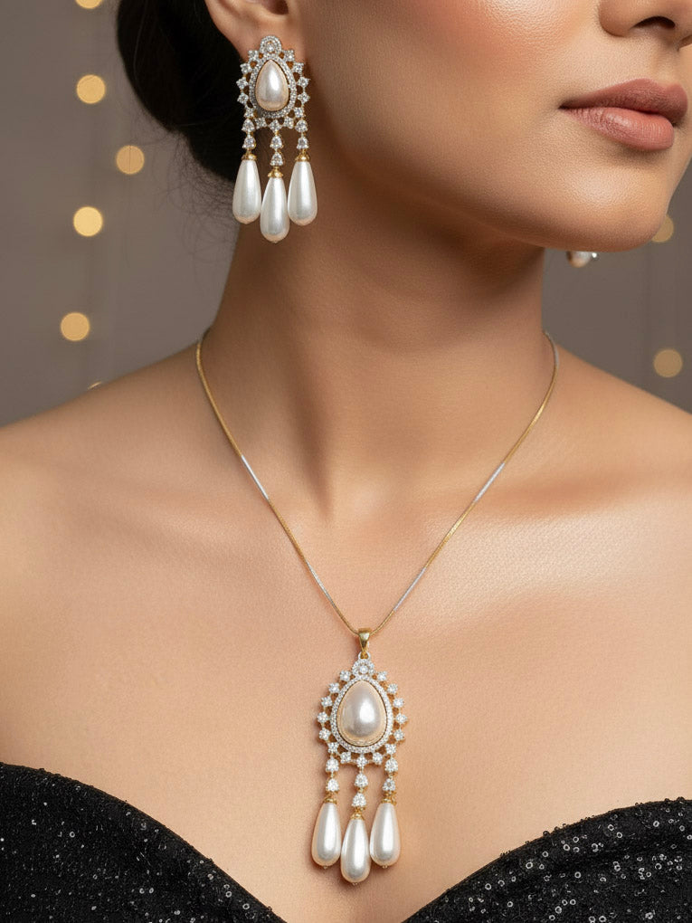 Close-up of a woman wearing an ornate Indo-western White Diamond Pendant set and earrings with Pearls and American Diamond. Festive Diwali outfit styled with an American diamond artificial Pendant. Party wear outfit completed with a lightweight American diamond Pendant.