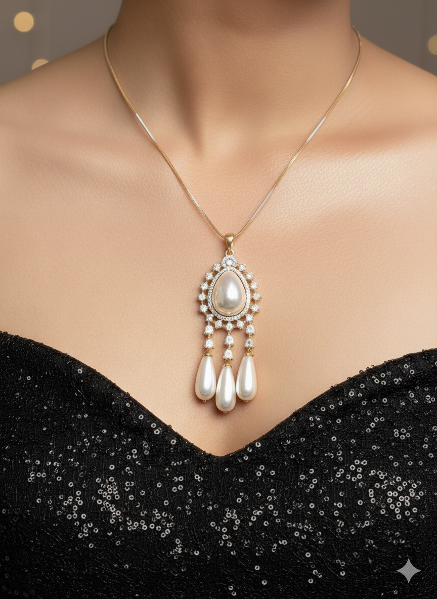 Close-up of a woman wearing an ornate Indo-western White Diamond Pendant set and earrings with Pearls and American Diamond. Festive Diwali outfit styled with an American diamond artificial Pendant. Party wear outfit completed with a lightweight American diamond Pendant.