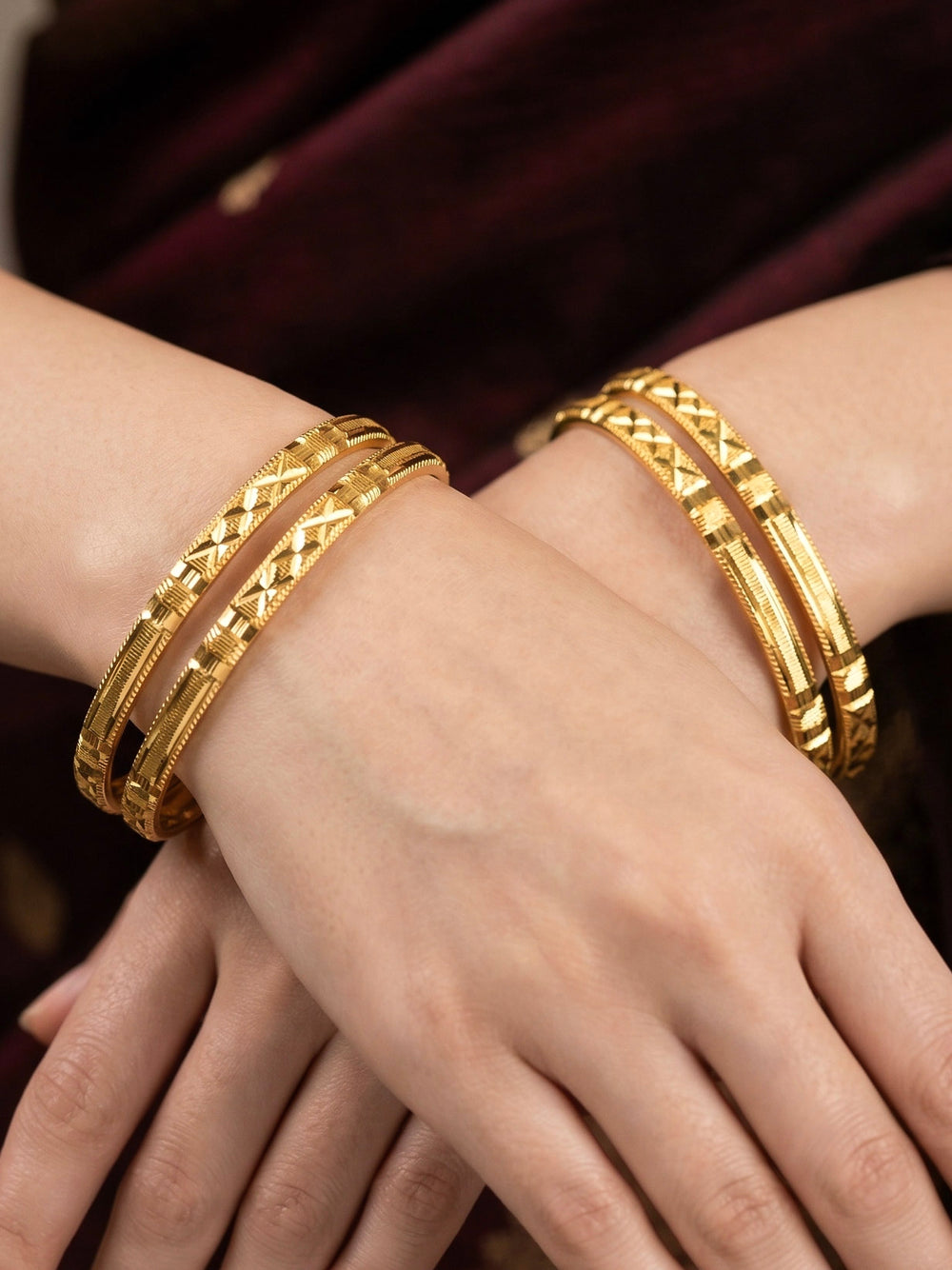 Close-up of an ornate traditional (Gold Polish) Bangles Set. It’s comfortable and lightweight enough for everyday wear, and it also looks absolutely beautiful and elegant. The design is stylish, the finish is impressive, and it feels really pleasant to wear all day.