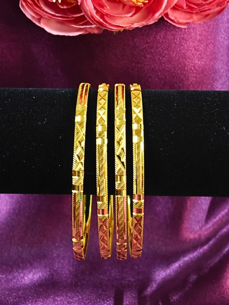 Close-up of an ornate traditional (Gold Polish) Bangles Set. It’s comfortable and lightweight enough for everyday wear, and it also looks absolutely beautiful and elegant. The design is stylish, the finish is impressive, and it feels really pleasant to wear all day.