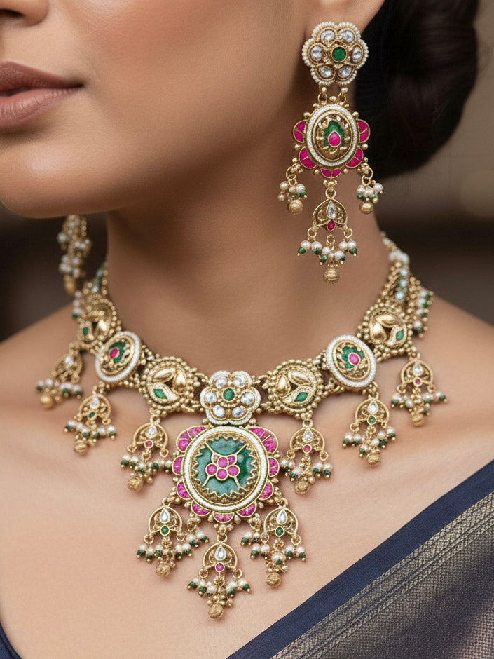 Close-up of a woman wearing an ornate traditional Mint Green Heritage gold Collar jewellery set and earrings with Pearls and Colored Stone. Saree styling inspiration with a traditional heritage necklace. Close-up of intricate antique finishing in heritage imitation jewelry.