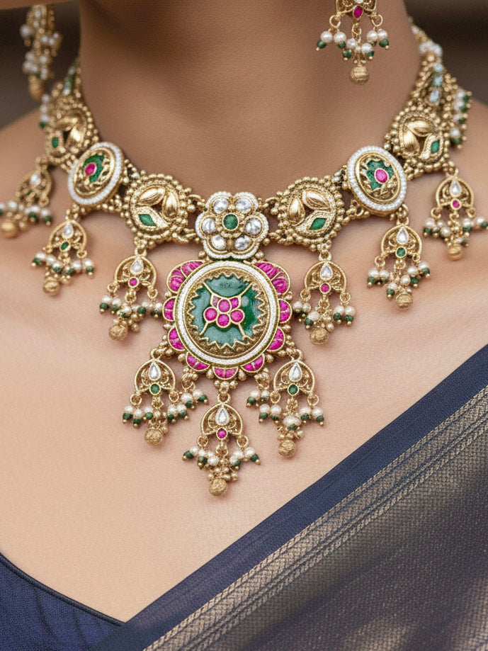Close-up of a woman wearing an ornate traditional Mint Green Heritage gold Collar jewellery set and earrings with Pearls and Colored Stone. Saree styling inspiration with a traditional heritage necklace. Close-up of intricate antique finishing in heritage imitation jewelry.
