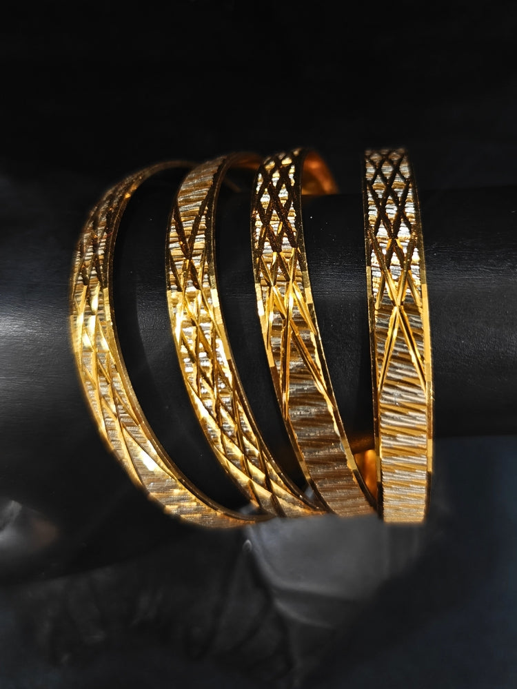 Close-up of an ornate traditional (Gold Polish) Bangles Set. It’s comfortable and lightweight enough for everyday wear, and it also looks absolutely beautiful and elegant. The design is stylish, the finish is impressive, and it feels really pleasant to wear all day.