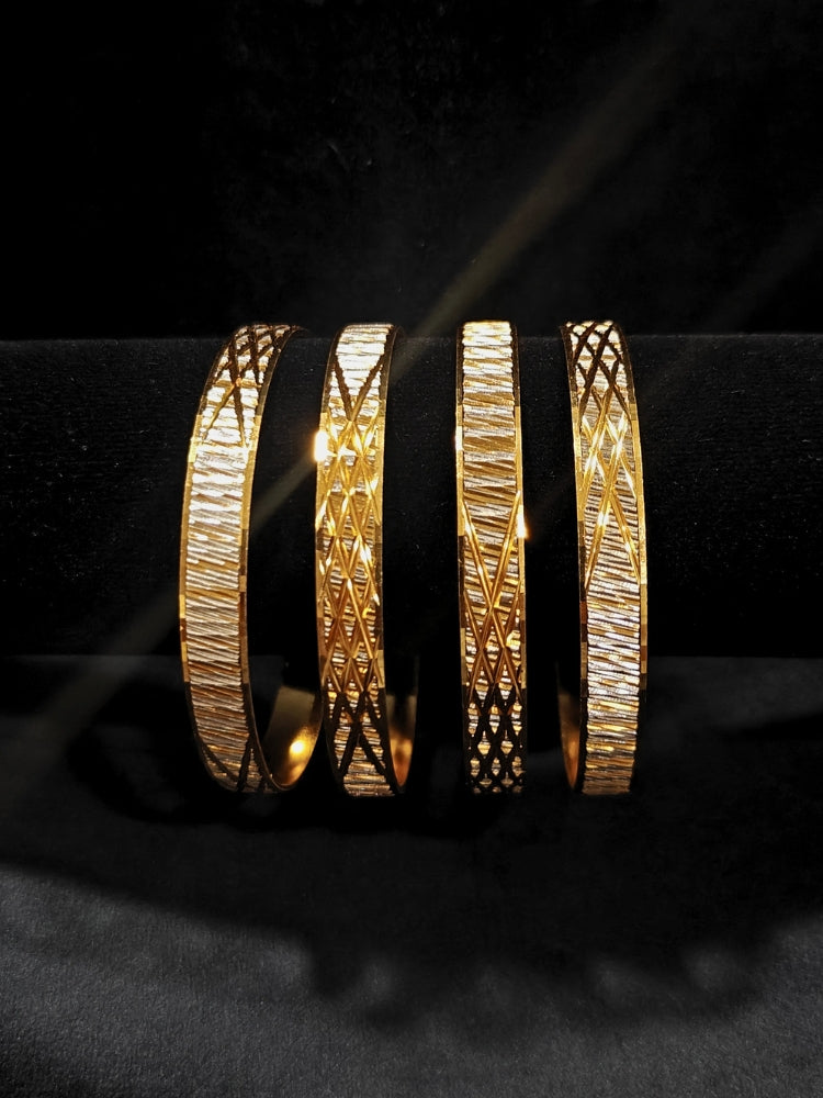 Close-up of an ornate traditional (Gold Polish) Bangles Set. It’s comfortable and lightweight enough for everyday wear, and it also looks absolutely beautiful and elegant. The design is stylish, the finish is impressive, and it feels really pleasant to wear all day.