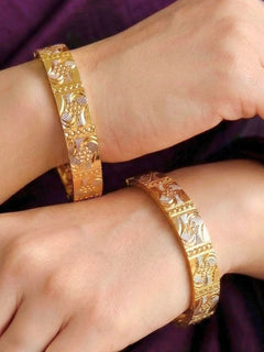 Close-up of an a women wearing ornate traditional (Gold Polish) Bangles Set. It’s comfortable and lightweight enough for everyday wear, and it also looks absolutely beautiful and elegant. The design is stylish, the finish is impressive, and it feels really pleasant to wear all day.