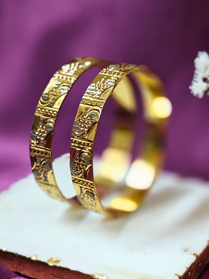Close-up of an ornate traditional (Gold Polish) Bangles Set. It’s comfortable and lightweight enough for everyday wear, and it also looks absolutely beautiful and elegant. The design is stylish, the finish is impressive, and it feels really pleasant to wear all day.