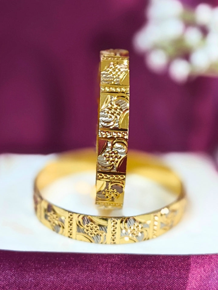 Close-up of an ornate traditional (Gold Polish) Bangles Set. It’s comfortable and lightweight enough for everyday wear, and it also looks absolutely beautiful and elegant. The design is stylish, the finish is impressive, and it feels really pleasant to wear all day.