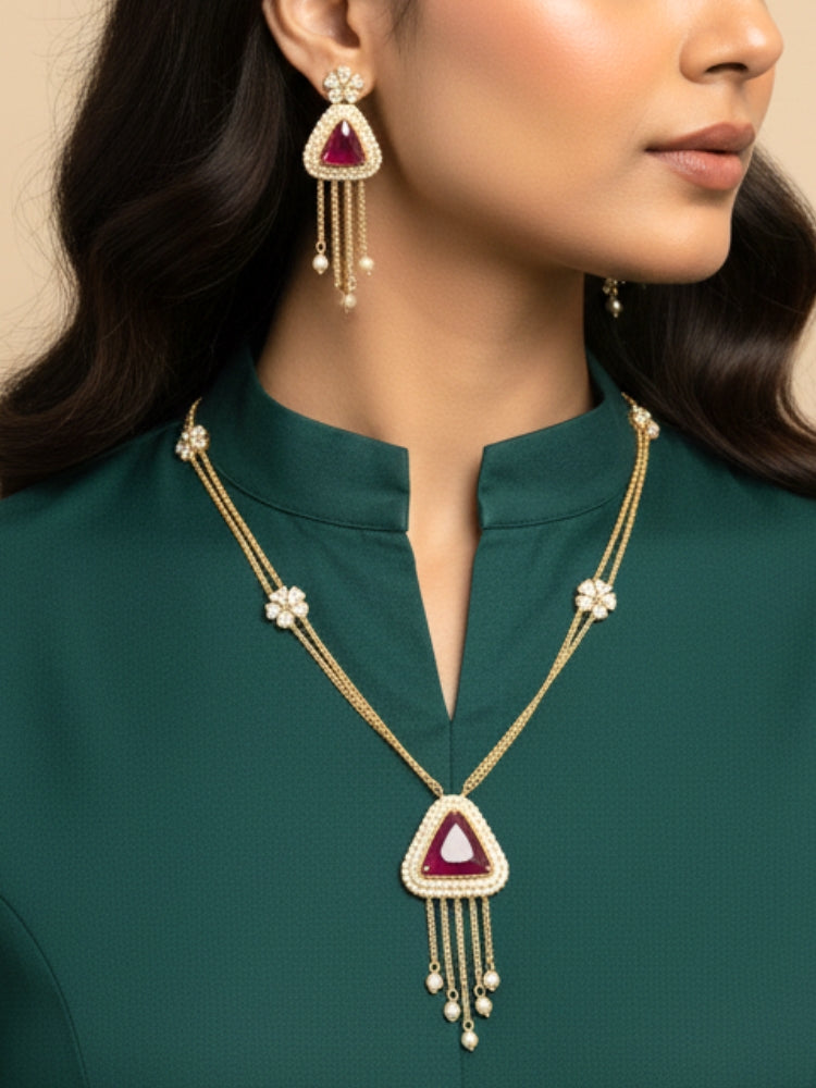 A beautiful woman wearing an elegant artificial diamond necklace with red colored stone and matching earrings. This premium artificial diamond jewelry set is perfect for special occasions, from Indian weddings to engagement parties, offering sophisticated glamour without the high price tag.