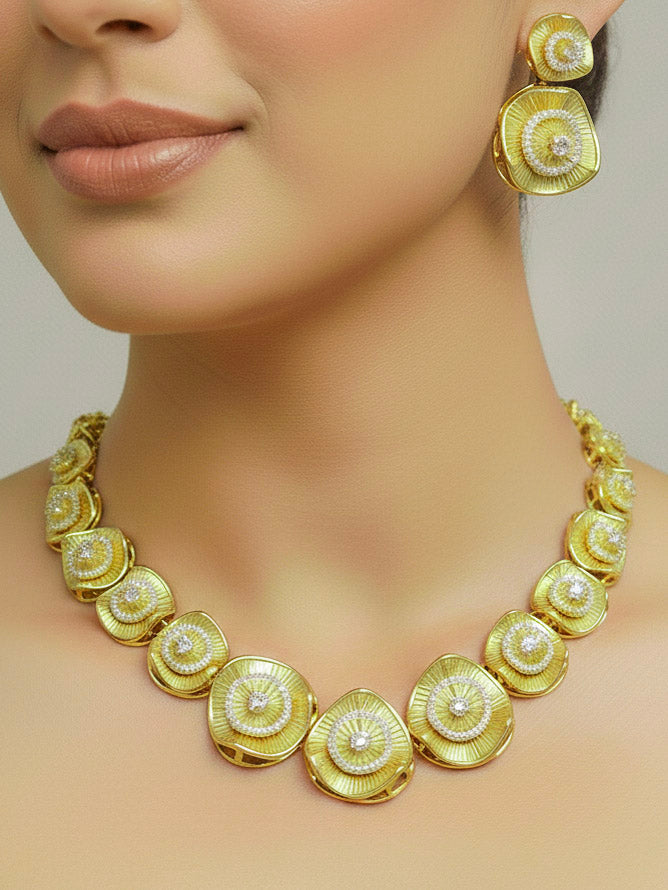 "A beautiful woman wearing an elegant artificial diamond necklace and matching earrings. This premium artificial diamond jewelry set is perfect for special occasions, from Indian weddings to engagement parties, offering sophisticated glamour without the high price tag."
