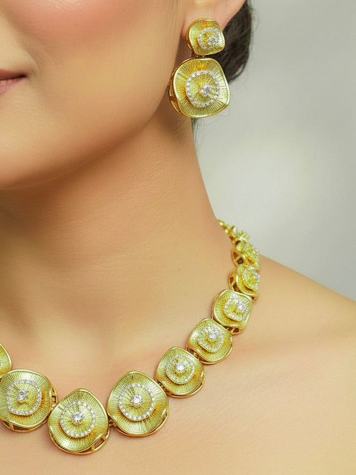 "Close-up of a woman wearing a stunning affordable artificial diamond necklace and matching earrings set, perfect for wedding guests and formal events. This luxury artificial diamond jewelry provides the brilliance of real diamonds at a fraction of the cost."
