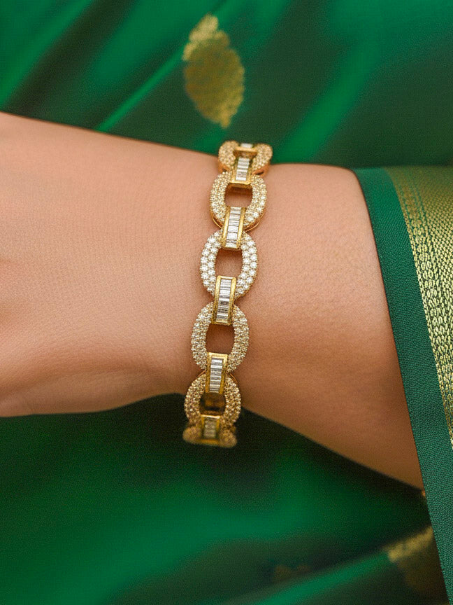 Close-up of a woman wearing an ornate Indo-western White Diamond (Mehendi Polish) Bangles with American Diamond. Close-up shot of a high-quality American diamond artificial Bangles worn for festive celebrations. Wedding guest styling elegant artificial American Diamond bangles in India.