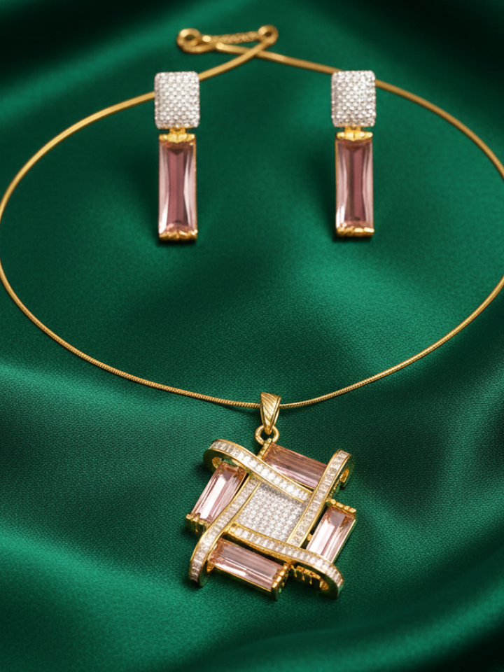 Close-up of an ornate Western Mint Pink (gold Polish) Diamond Pendant set and earrings with American Diamond and Mint Pink Colored Stones. Reception-ready look featuring a statement American diamond Pendant  set. Close-up shot of a high-quality American diamond artificial Pendant worn for festive celebrations.