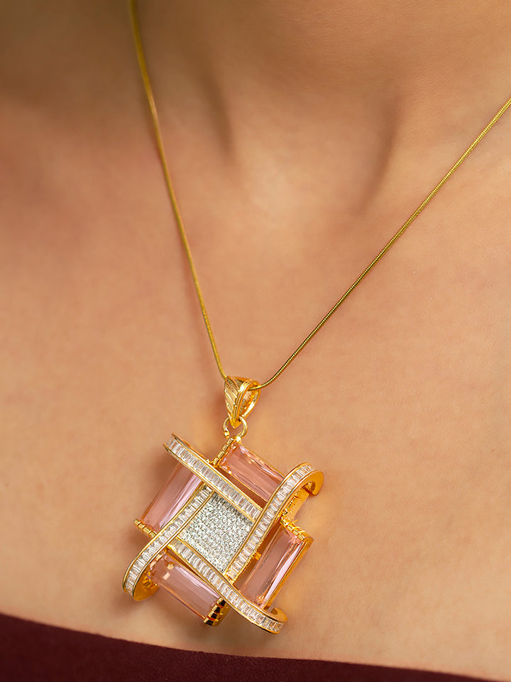 Close-up of a woman wearing an ornate Western Mint Pink (gold Polish) Diamond Pendant set and earrings with American Diamond and Mint Pink Colored Stones. Reception-ready look featuring a statement American diamond Pendant  set. Close-up shot of a high-quality American diamond artificial Pendant worn for festive celebrations.