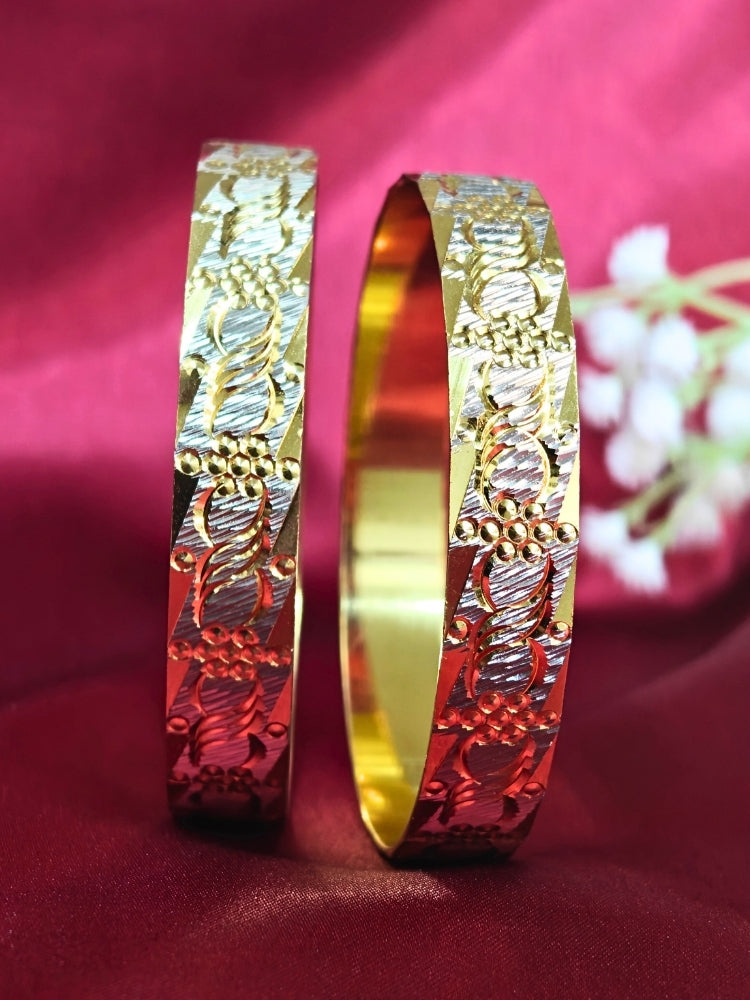 Close-up of an ornate traditional (Gold Polish) Gold & Silver Bangles Set. It’s comfortable and lightweight enough for everyday wear, and it also looks absolutely beautiful and elegant. The design is stylish, the finish is impressive, and it feels really pleasant to wear all day.