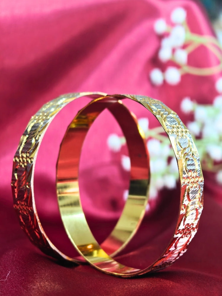 Close-up of an ornate traditional (Gold Polish) Gold & Silver Bangles Set. It’s comfortable and lightweight enough for everyday wear, and it also looks absolutely beautiful and elegant. The design is stylish, the finish is impressive, and it feels really pleasant to wear all day.