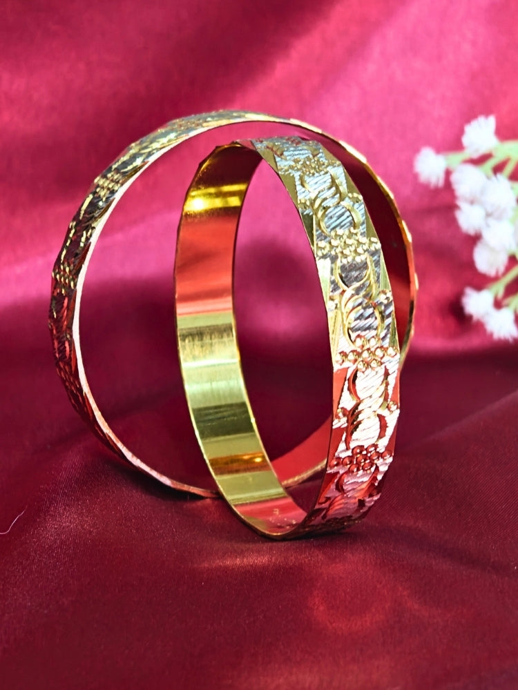 Close-up of an ornate traditional (Gold Polish) Gold & Silver Bangles Set. It’s comfortable and lightweight enough for everyday wear, and it also looks absolutely beautiful and elegant. The design is stylish, the finish is impressive, and it feels really pleasant to wear all day.