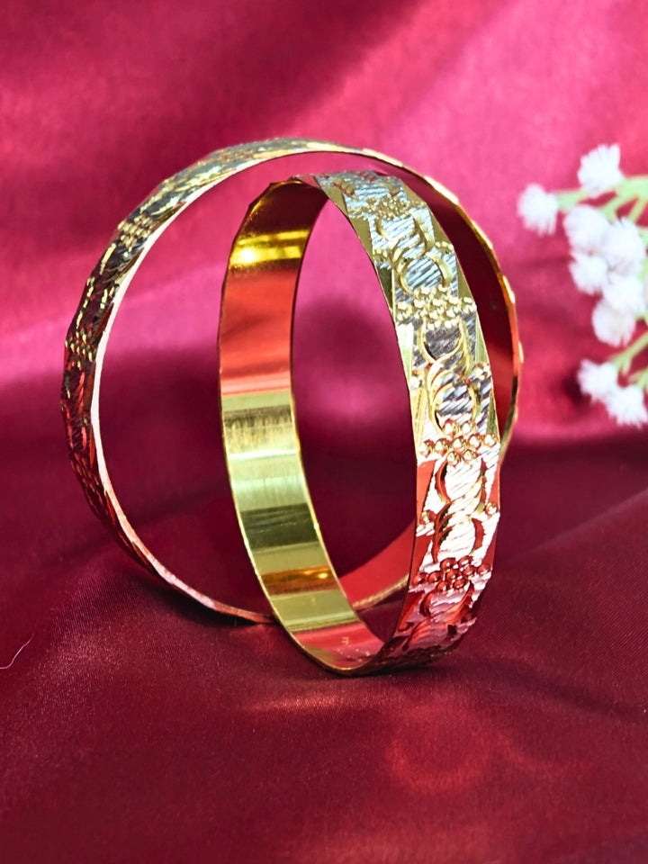 Close-up of an ornate traditional (Gold Polish) Gold & Silver Bangles Set. It’s comfortable and lightweight enough for everyday wear, and it also looks absolutely beautiful and elegant. The design is stylish, the finish is impressive, and it feels really pleasant to wear all day.